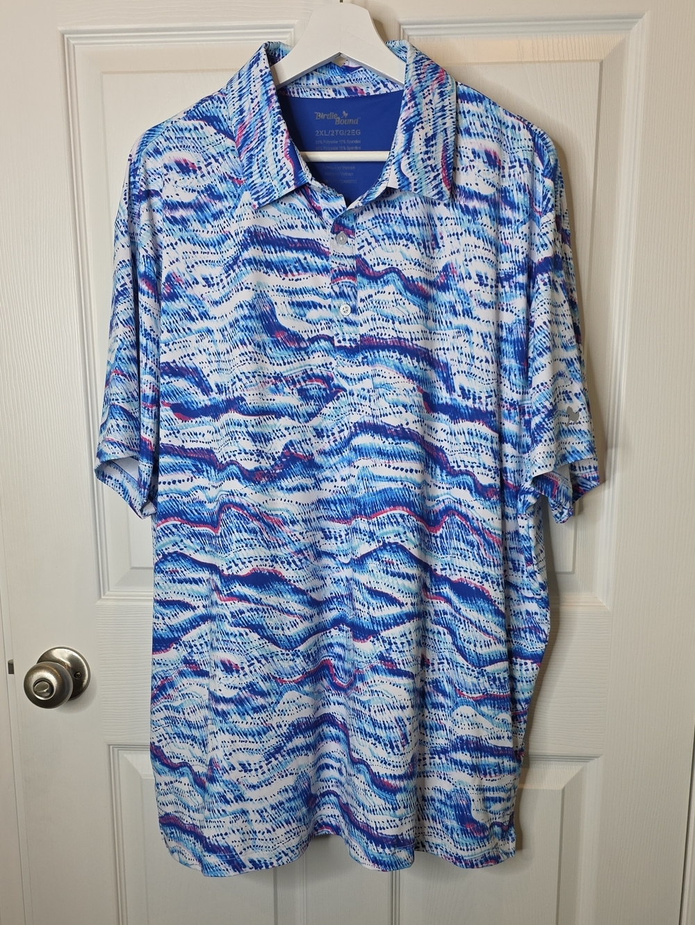 Birdie Bound Performance Golf Polo Shirt Blue Pink & White All Over Print 2XL